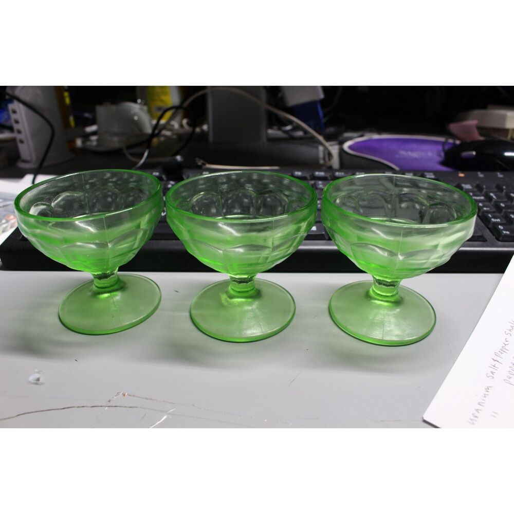 Hazel Green Vaseline Depression Uranium Glass Sherbet 3 Bowls (Pre-Owned)